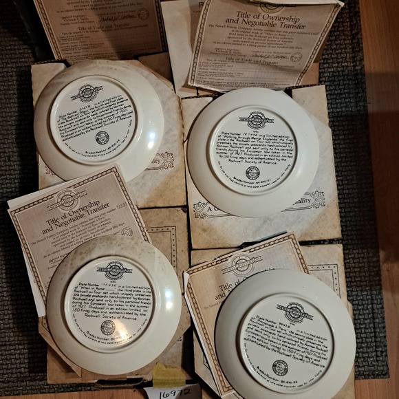 Fun Vintage Norman Rockwell On Tour Plates Newell Pottery Set of 4 COA - Picture 7 of 8